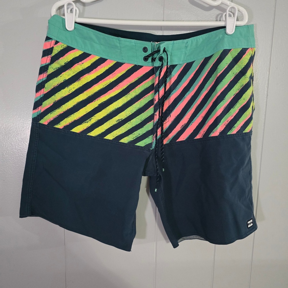Billabong Board Shorts‎ Mens 34 Navy Blue Neon Striped Recycler Fifty50 Pro